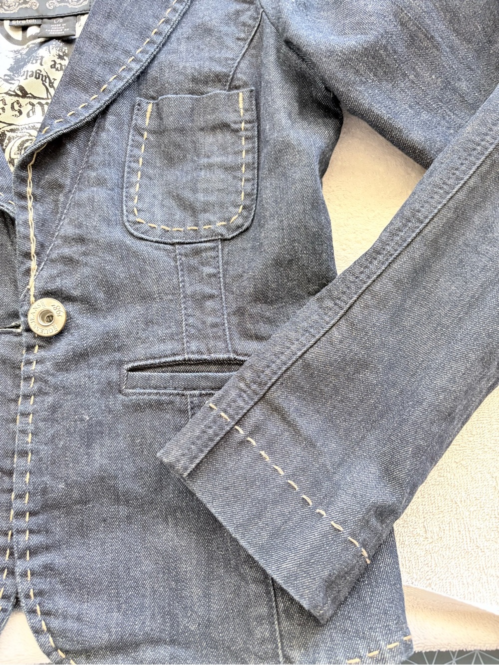 VTG Y2K Guess Jeans Dark Blue Denim Blazer with Contrast Topstitching Sz L - Picture 6 of 11